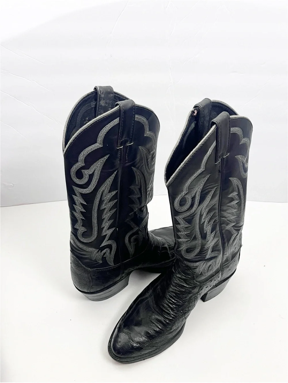 JUSTIN USA Black Smooth Ostrich Leather Roper Style Round Toe Pull On Boots 7